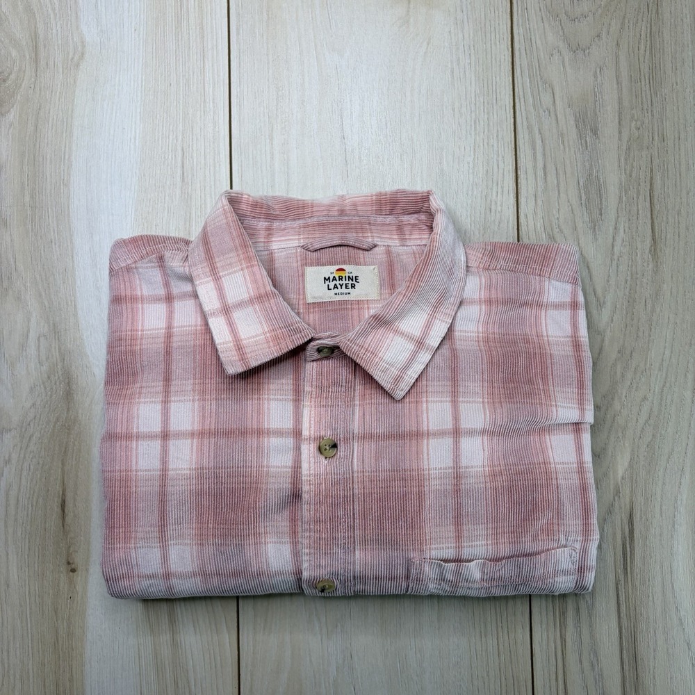 Marine Layer Light Weight Long Sleeve Corduroy Plaid Shirt Pink Medium Cotton
